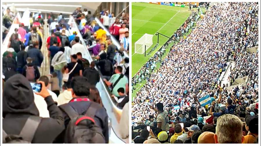Argentina fans at Lusail Metro station in Doha after the final, singing ‘Vamos Argentina’; (right) the Lusail stadium during the match