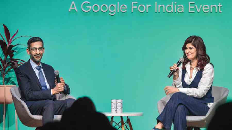 Alphabet and Google CEO Sundar Pichai in conversation with Twinkle Khanna during the ‘Women Will’ session at  Google for India summit in New Delhi