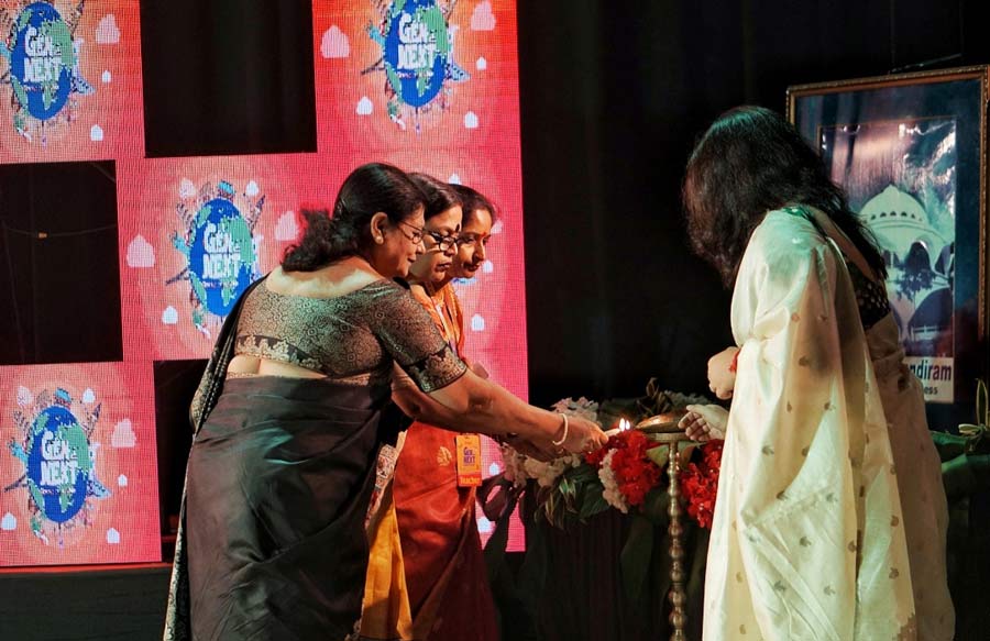 Teachers of the Aditya Academy Group of Schools lit the ceremonial lamp on Day II of the fest.  (L-R) Kavita Kapoor, mentor; Sabita Saha, director; Sahali Das, vice-principal)