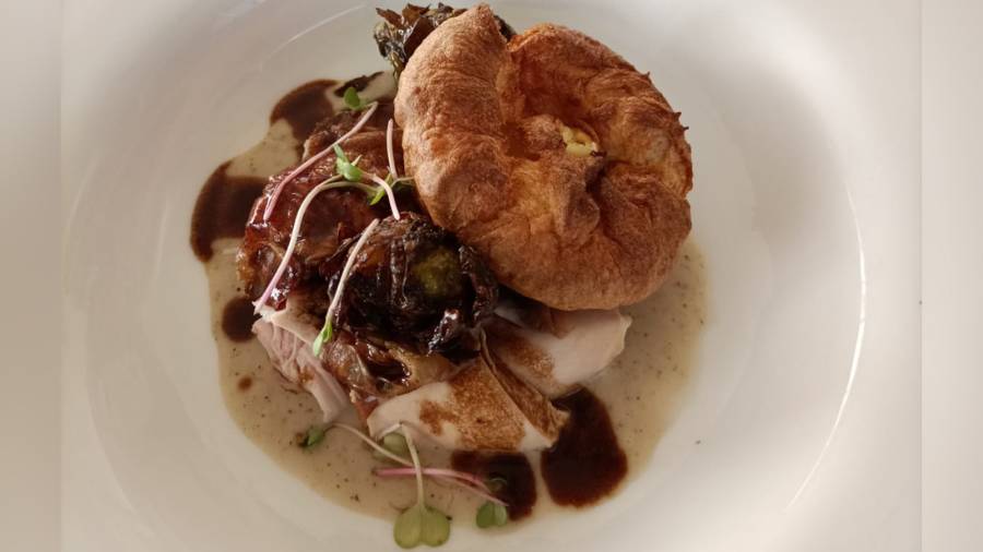 Roast turkey, bread sauce, crispy brussels sprouts, unexpected Yorkshire pudding, roasting juices