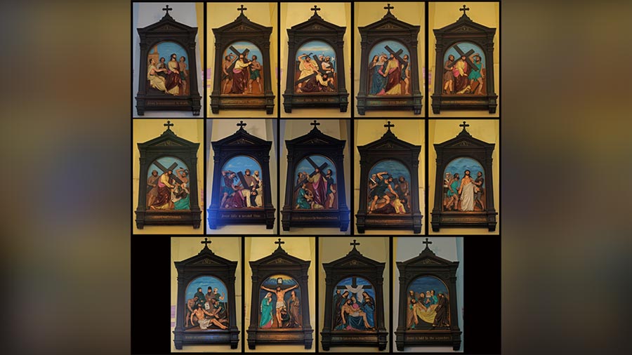 The 14 woodcut stations of the Cross showing the crucifixion of Jesus 