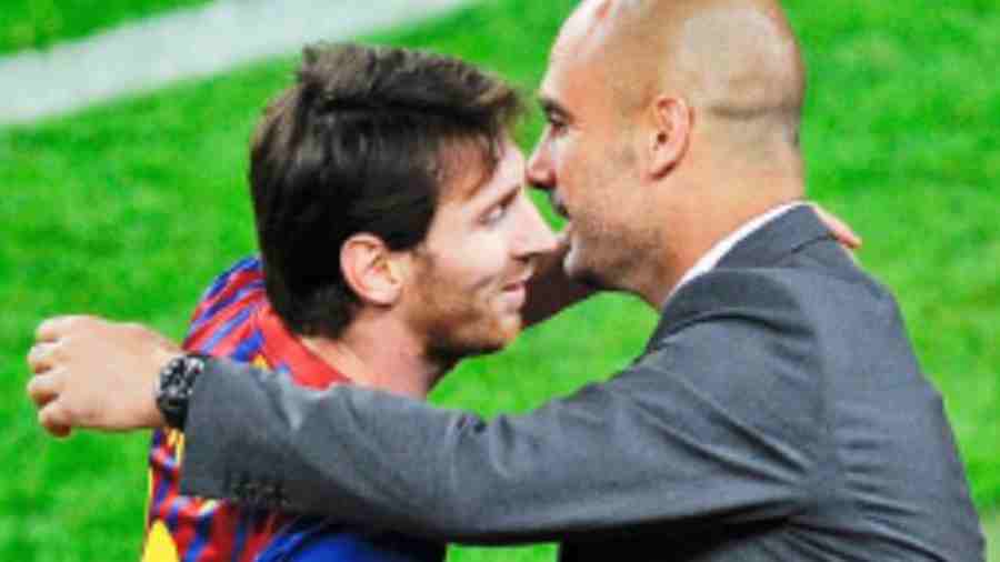 Lionel Messi with Pep Guardiola during their Barcelona days