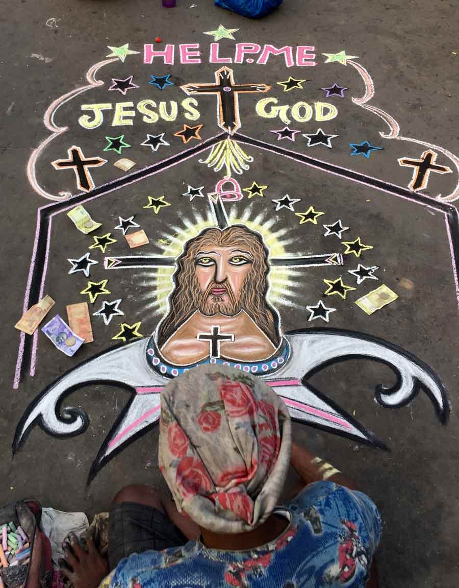 A street art depiction of Jesus Christ on Dharmatala Road on Thursday     