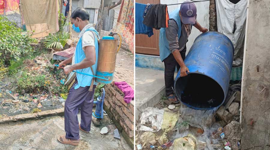 Kolkata Municipal Corporation frontline workers got rid of stagnant water, sprinkled disinfectant on Thursday and spoke to the locals to take precaution against dengue      