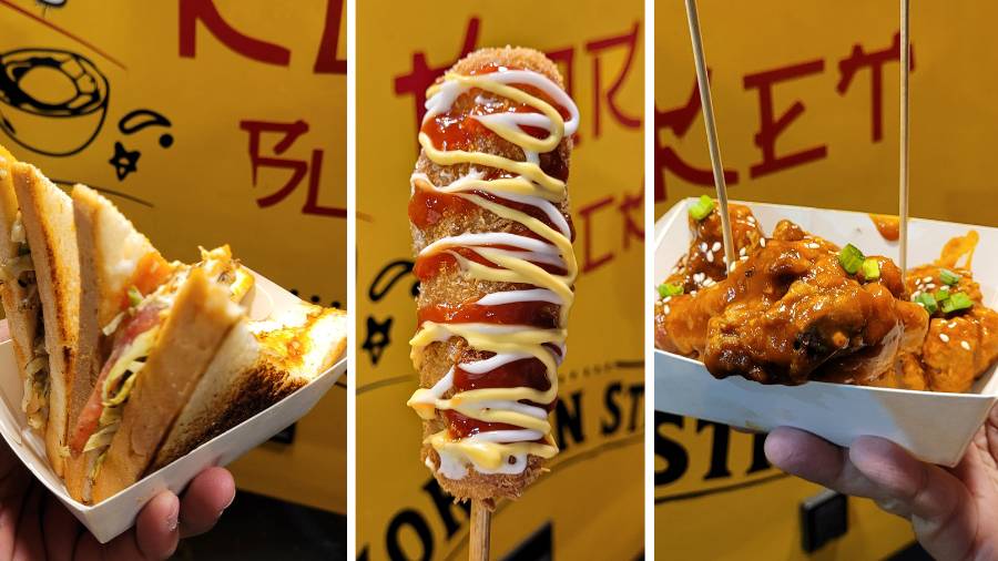 On the menu at the Yum Yum Korean Bucket food truck are (L-R) Korean Street Toast, Corn dogs, Gang Jeong Chicken and more