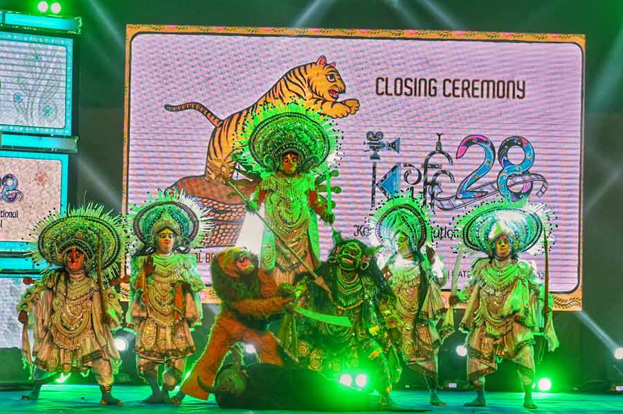 A Chhau performance in progress during the closing ceremony of the 28th Kolkata International Film Festival on Thursday      