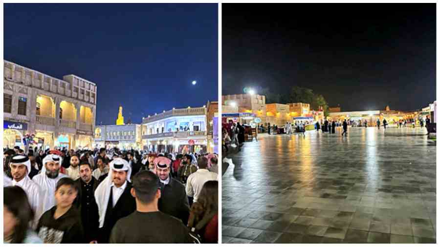 Crowds at Souq Waqif, a marketplace in Doha, during the World Cup and (right) deserted a day after the final