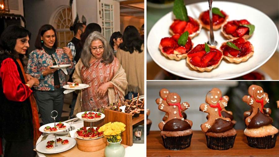 Minu Tharoor, Husna-Tara Prakash and Anjum Katyal check out the Glenburn dessert counter, stacked with fresh strawberry tarts, festive gingerbread cupcakes and chocolate and candied Clementine mousse 