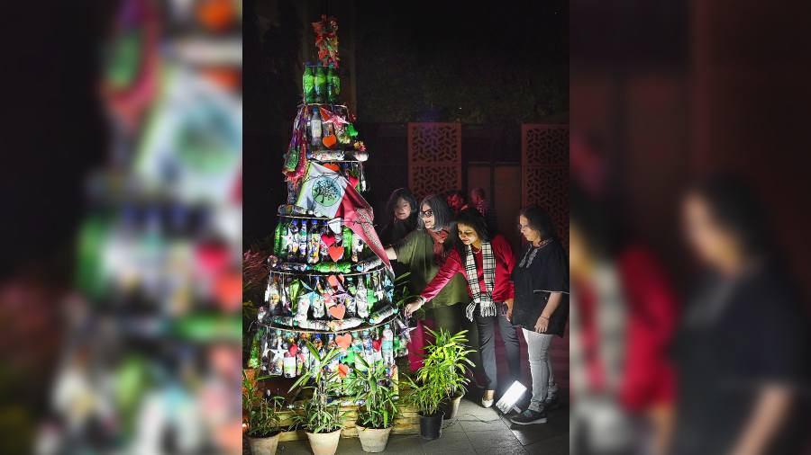 The Christmas tree made of eco-bricks off Shakespeare Sarani on Friday
