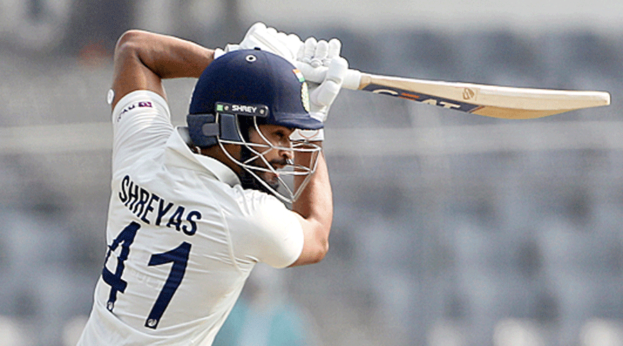 Shreyas Iyer en route to his 87 on Day II in Mirpur on Friday.