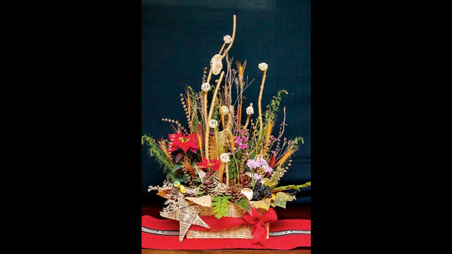 Cane basket, twigs wrapped with jute thread, wheat seed sticks, daisies, poinsettias and kalanchoe flower.