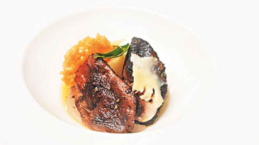 In Mushroom and Potatoes we found the everyday veggie in confit, mash and fondant form that paired well with pureed, grilled and pickled mushroom. The emmantal added the much-required crunch to the entree.
