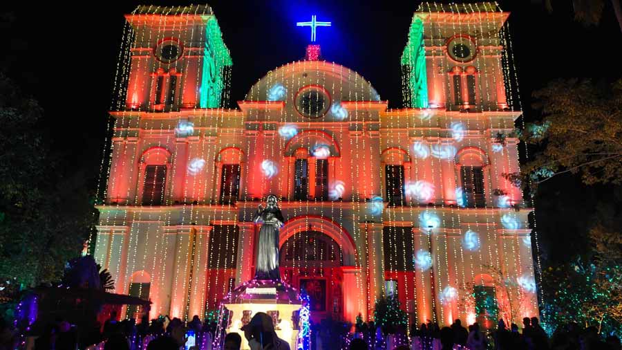 A church in Chandernagore illuminated for Christmas