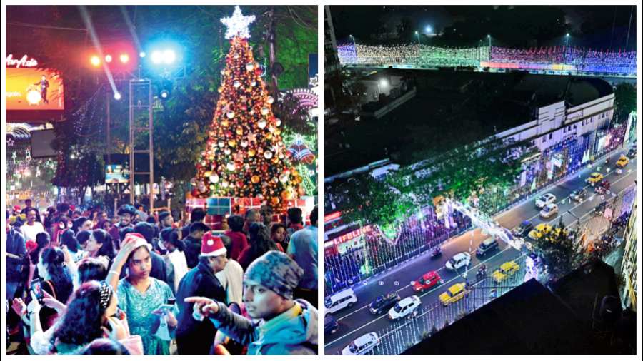 The crowd in front of Allen Park and (right) the lit up Park Street flyover on Saturday