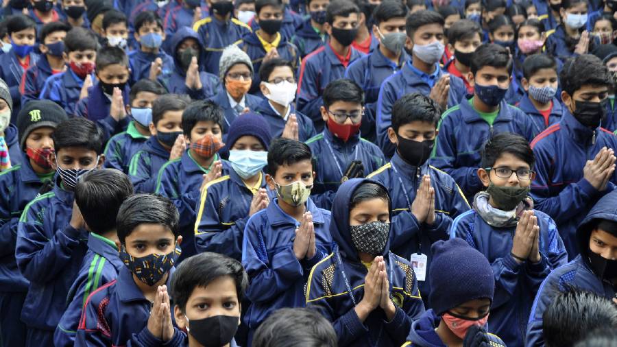 Schoolchildren wearing face mask at their school in Moradabad.