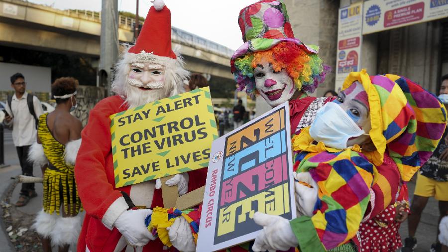 Rambo Circus artists participate in a Covid-19 awareness campaign in Bangalore. 