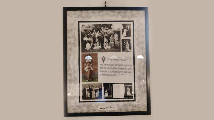 The walls of Neveh Shalom tell stories about the Jewish community. Like this framed snippet that shows how Jewish weddings traditionally were, along with images from the last such event in Kolkata, back in 1982 