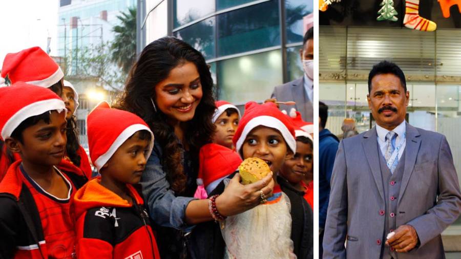 The festival was inaugurated by (left) actress Sayantani Guhathakurta along with (right) K. Vijayan, general manager of Acropolis Mall, and Rukmini Paul, president of Pathchala, an NGO working for underprivileged children living in Kalighat. “At Acropolis, we believe in celebrating every season and culture. The aim is to provide a holistic experience to the shoppers in the mall. Even during the pandemic period, the mall was open and we tried our best to organise these festivals by following strict Covid protocols. I think it brought relief to the people from the mental lockdown more than the physical lockdown that the pandemic had put us through,” said Vijayan who gifted Christmas goodies to the children arranged for by the Merlin Group. “It feels beautiful to see the kids relish the cakes and sing Christmas carols with such enthusiasm. This is exactly what Christmas stands for,” added Vijayan