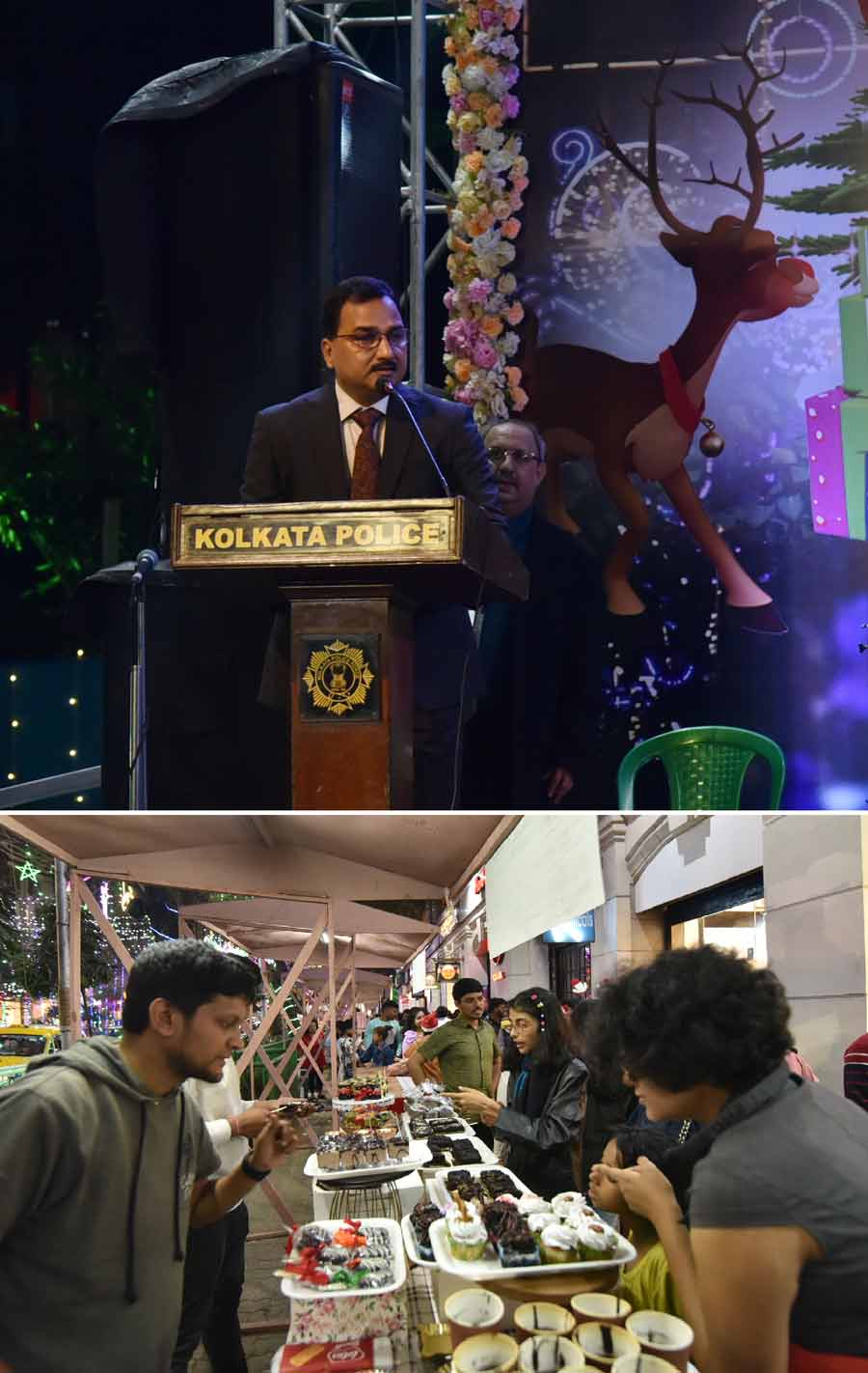 Kolkata Police organised an event to celebrate Christmas at Allen Park on Monday. (Top) Police commissioner, Vineet Kumar Goyal,  addressed visitors at the event