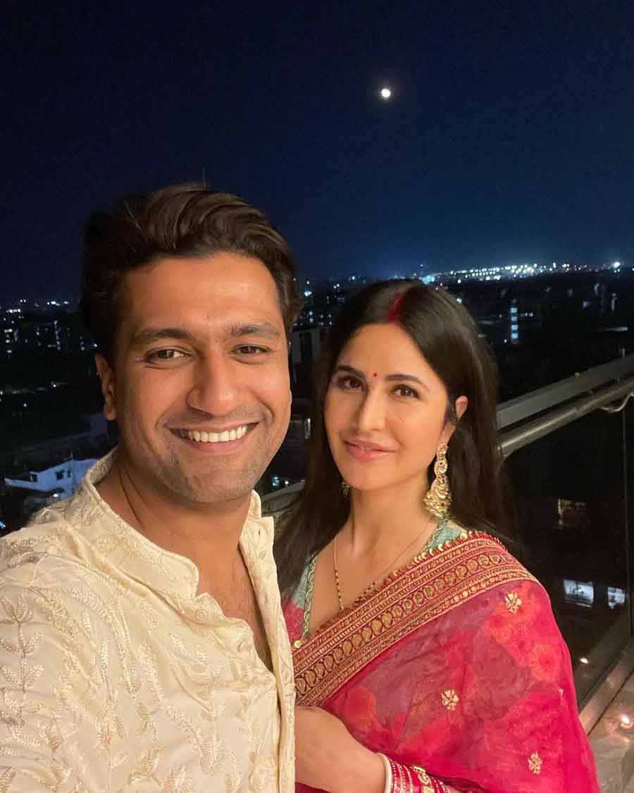 Katrina Kaif and Vicky Kaushal shared pictures of their first Karva Chauth celebration on October 13.