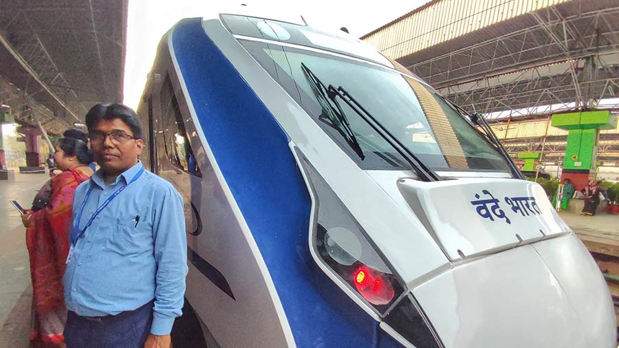 Train operator Bishan Chandra Layek in front of the Vande Bharat Express