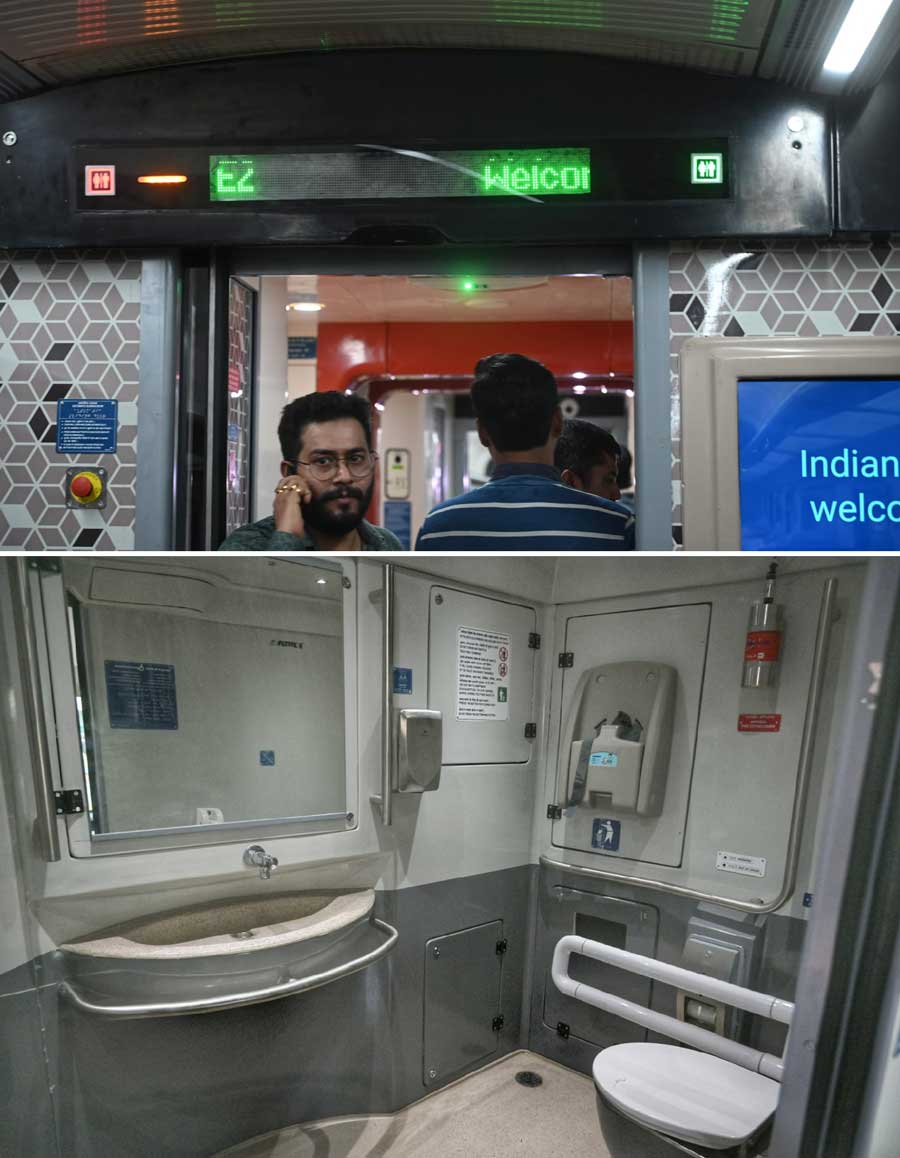 The spacious toilets, available in both Indian and western styles, have been designed to facilitate quick drying and hence a better user experience. An e-information board will keep the passengers posted about the occupancy status of the toilets during the journey