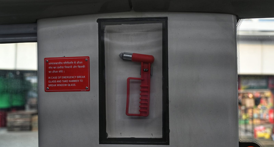 In case of an emergency, passengers can use the hammer to break the windows, which are made of extra toughened glass 