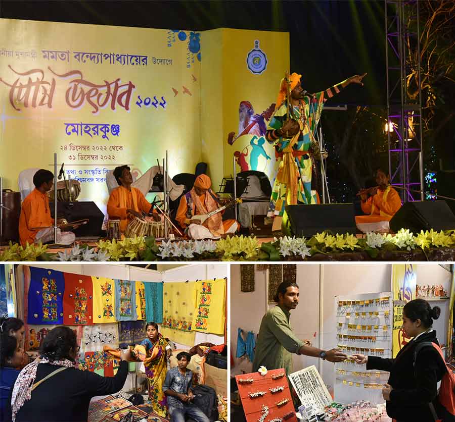 (Top) A ‘baul’ performance in progress at Poush Utsab at Moharkunj, Kolkata. Visitors shop shawls and trinkets from the stalls set up at the event 