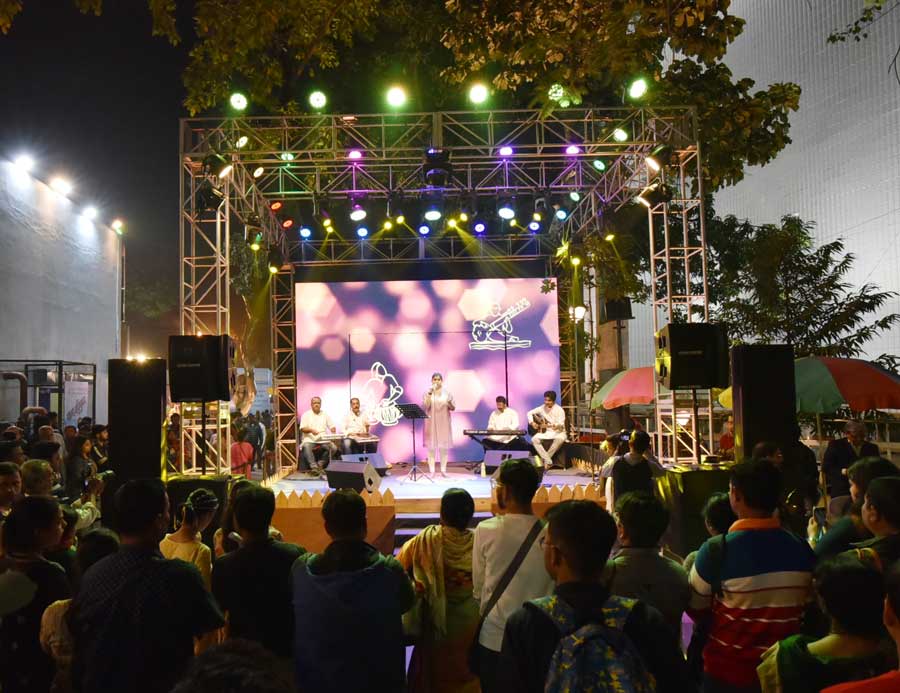 People enjoy a musical performance at Bangla Sangeet Mela, 2022 at Rabindra Sadan complex