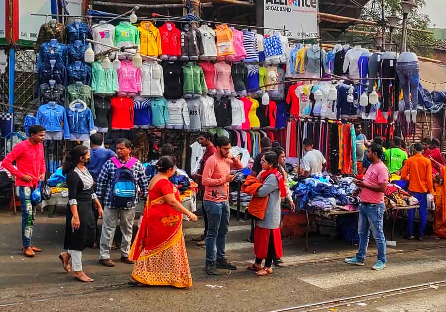 Shoppers check out winter garments at Harisha ‘haat’, a wholesale market in north Kolkata