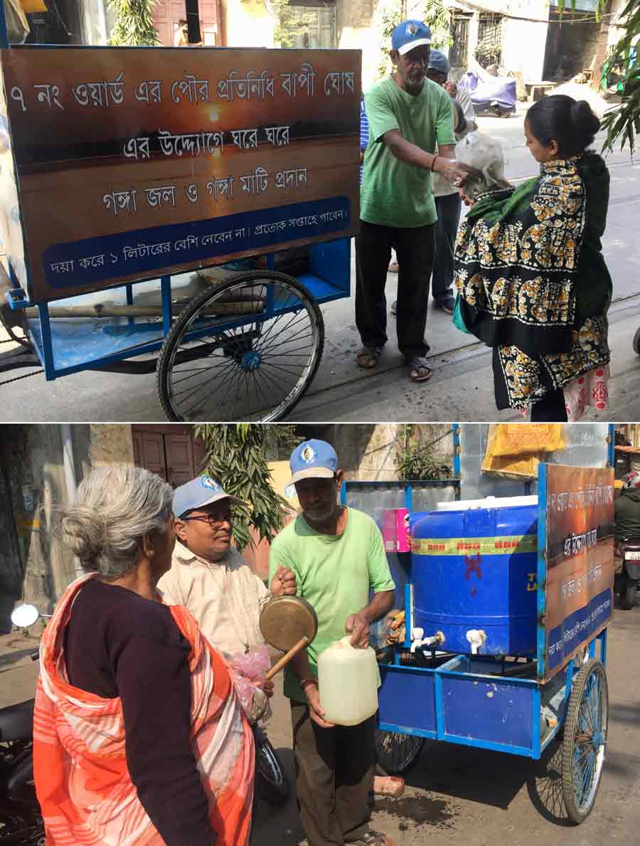 Ganga water and clay being distributed to residents of ward number 7 following the initiative of councillor Bapi Ghosh on Thursday