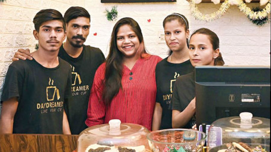 “I was working as a barista for many years before I thought I should start a venture of my own. I curated the menu myself.... All my co-workers here have joined me from various NGOs.... They work even harder than I do. In the future, I want to expand this even more, with more branches across the city,” said Hasna Das (in red), owner.