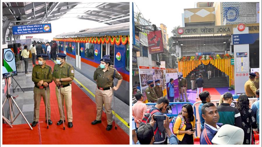 PM Modi virtually inaugurates the Joka-Taratala Metro on Friday; (right) outside the Joka Metro station. Pictures by Bishwarup Dutta