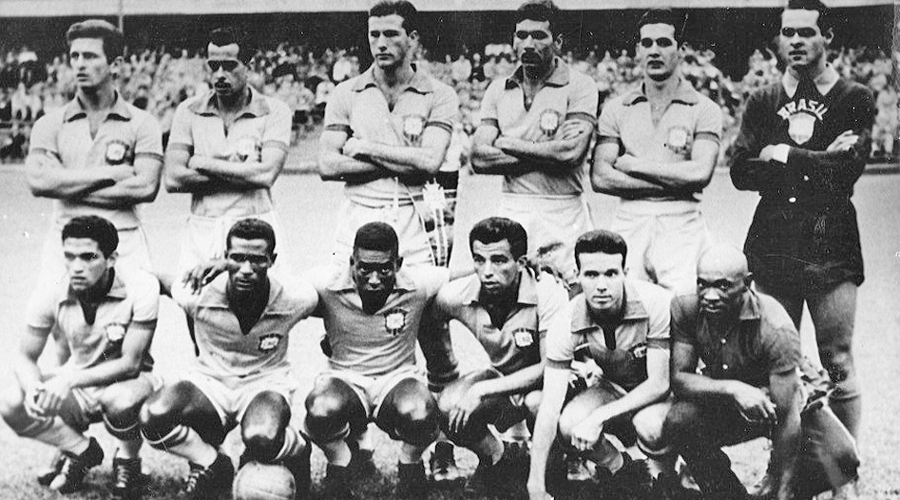 The Brazil team, including Pele (sitting, third from left), pose for a picture ahead of the 1958 World Cup match against France. The picture was posted on cbf.com.br. Brazil had won the game 5-2, with Pele netting a hat-trick.