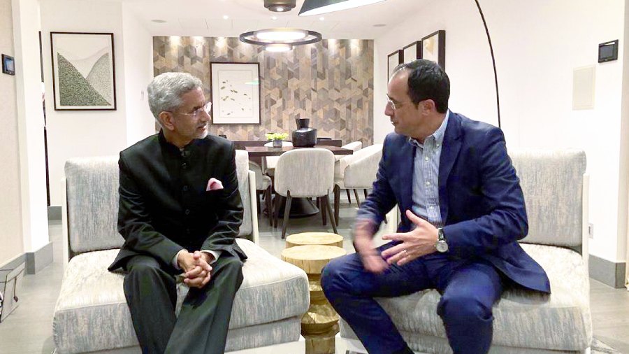  External Affairs Minister S. Jaishankar with former minister of foreign affairs of Cyprus Nikos Christodoulides during a meeting. 