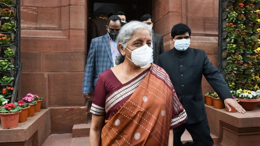Union Minister of Finance Nirmala Sitharaman leaves after the presentation of the Union Budget 2022-23 at Parliament in New Delhi on Tuesday.
