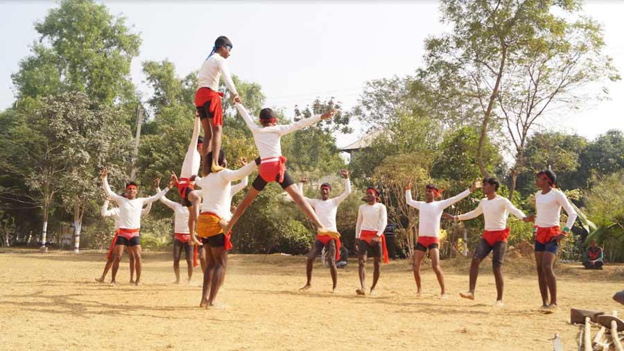 Dancers practice raibenshe, a folk martial dance in Birbhum, Burdwan and Murshidabad districts