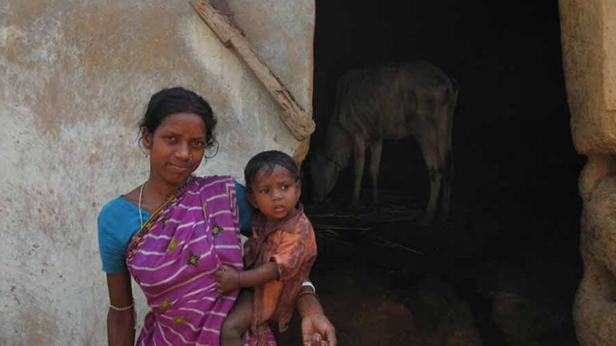 A tribal woman and her child in a Birbhum village. Cattle is a sign of prosperity in rural households,  but it means more domestic labour for women. A study has found that having cattle at home affects dropout among girls