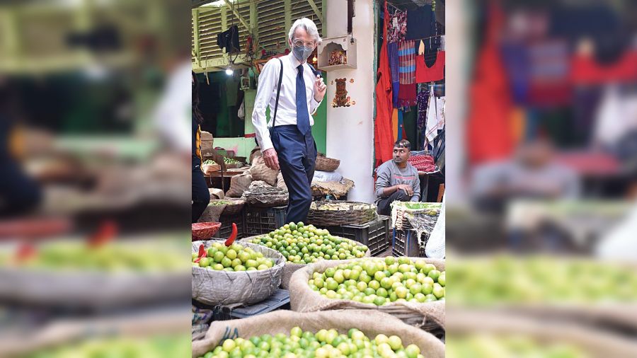 The ambassador passes by shops selling only lemons at a corner of Nutan Bazar. “That’s rather niche, isn’t it?” he commented.