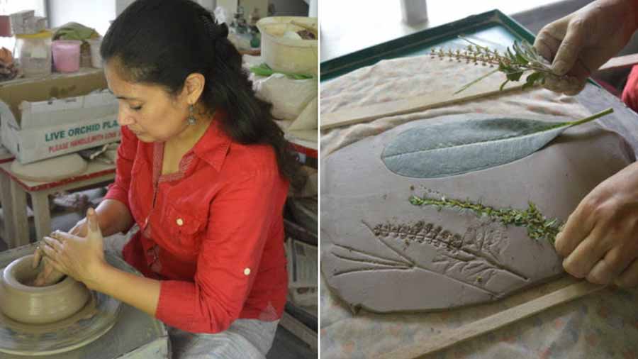 Juin Maybe works out of her studio in Baruipur; (right) One of her most unique designs is a clay base, embossed with leaves and flowers 
