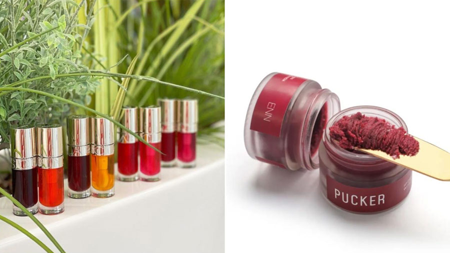 The new Clarins Lip Comfort Oil; (right) Enn Beauty’s Pucker is an overnight lip mask that also works as a lip stain 