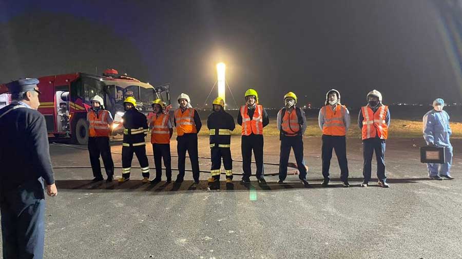 The drill ended successfully by extinguishing the fire as per the standards set by the International Civil Aviation Organization (ICAO)