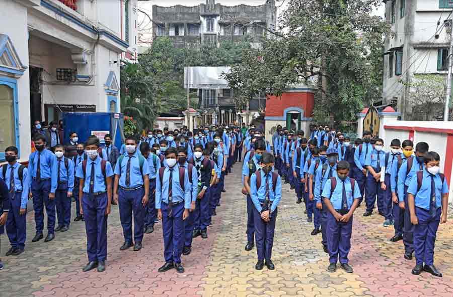 Students of Scottish Church Collegiate School at the prayer assembly on Thursday morning. Colleges and universities across Bengal also reopened on Thursday