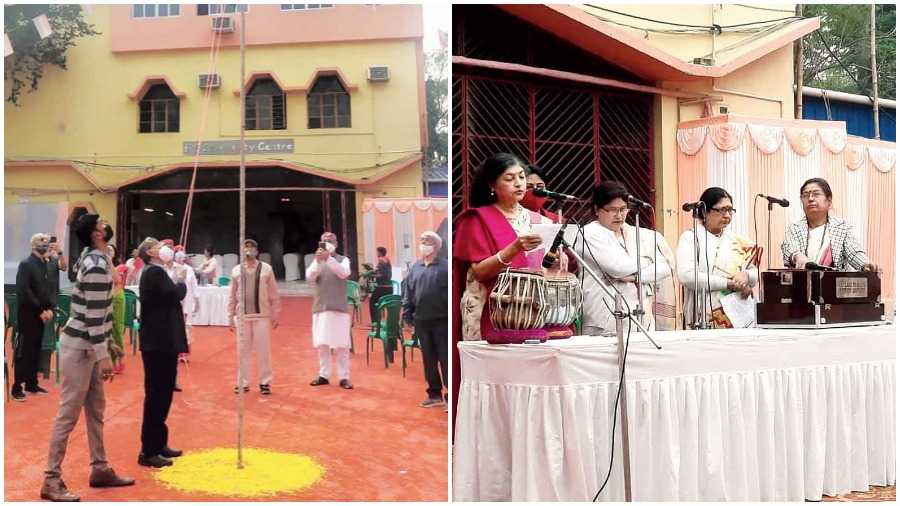 Residents present patriotic songs. (Left) The Tricolour being unfurled in FE Park on Republic Day. 