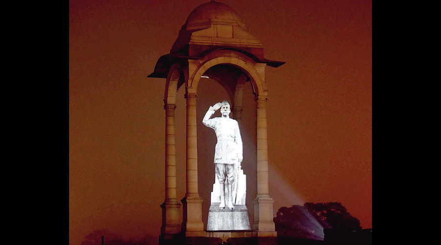 Hologram of the statue of Netaji Subhas Chandra Bose unveiled by the PM, on the occasion of the Parakram Diwas celebrations, at India Gate in New Delhi on Sunday, Jan. 23, 2022. 