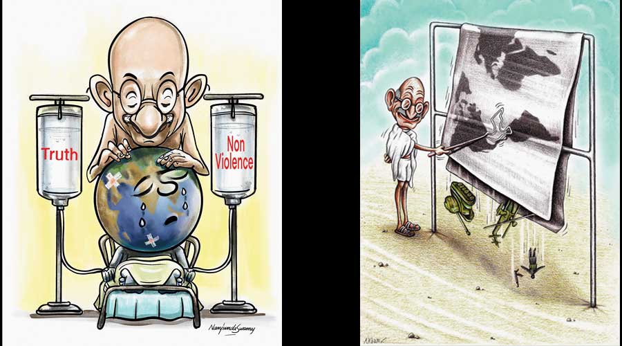 Nanjuda Swamy’s cartoons (left); Mohammad Hosein Akbari’s illustration