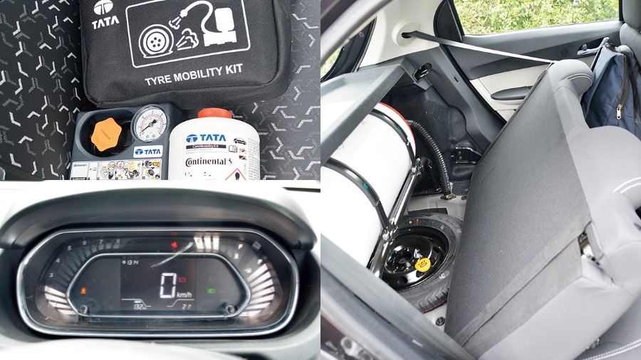 The CNG tank takes up the entire boot space and the way to get the spare tyre out (in this case a doughnut) is by flipping the rear seat back forward. That, however, will most probably not be necessary except for extreme situations since the Tiago comes with a puncture repair kit that will make the job quite hassle-free.