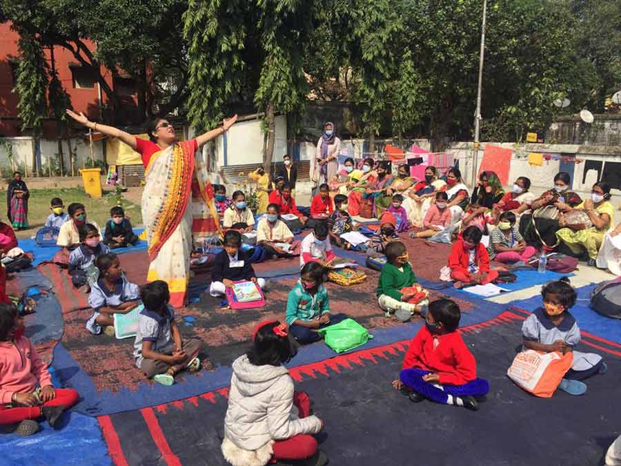 An open-air class in progress at a ground in Bagbazar on Monday morning