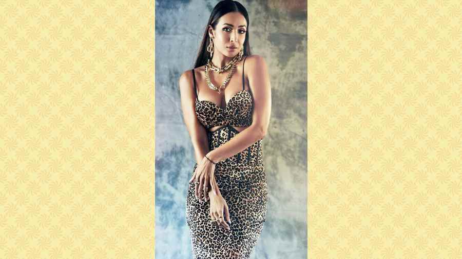 Trust Malaika Arora to always be on point with her fashion! In this look, the actress dons multiple trends — cut-out, animal print, metallic chains.... Full marks for keeping the make-up nude and subtle!