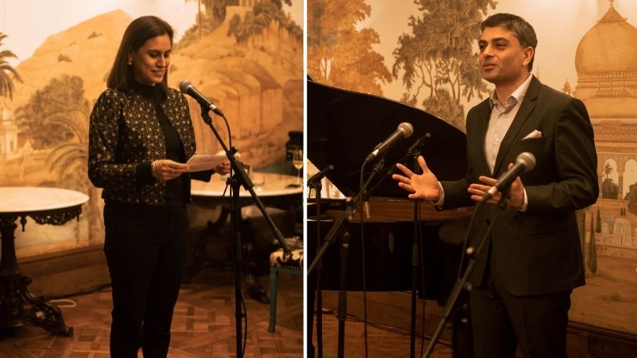 (Left) Host Husna-Tara Prakash and (right) master of ceremonies Ratan Postwalla speak at the event 